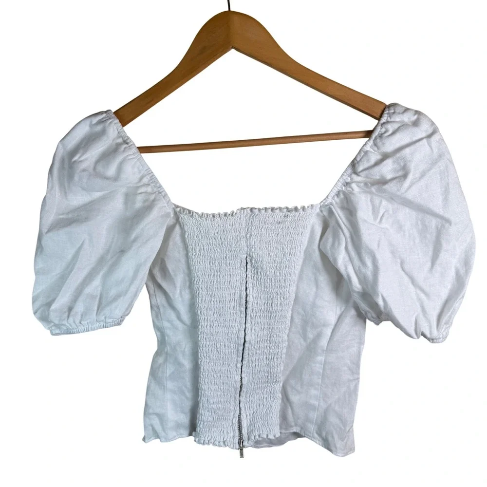 REFORMATION Rory Linen Top Women 8 White Smocked Puff Sleeve Milkmaid Coquette